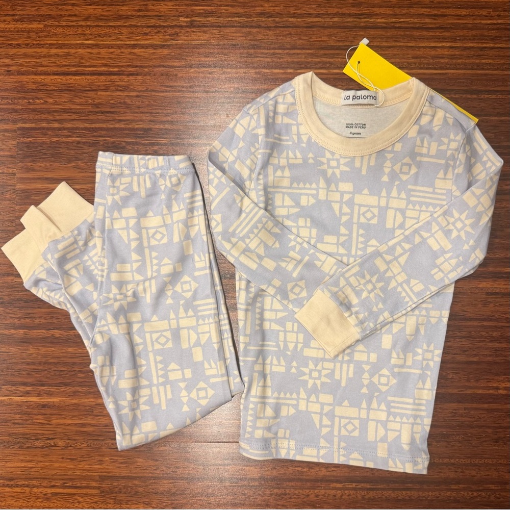 La Paloma 100% Peruvian cotton pajamas NWT size 4 blue and cream geometric